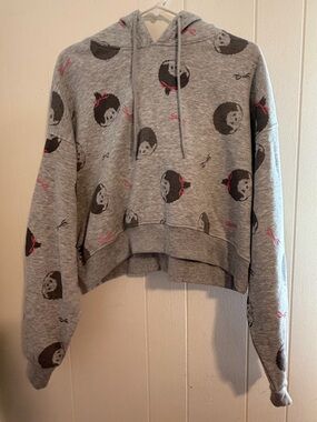 Gray Hoodie with Cute Face Print and Pink Bow Accents